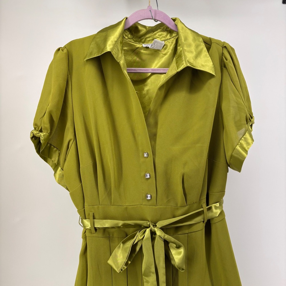 Jessica London Green Midi Dress Satin Collar Belt Rhinestone Buttons Size 20W - Picture 2 of 14